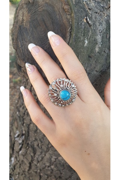 Ay Gümüş Kadın Firuze Özel  Tasarım Yüzük  925 Ayar Gümüş