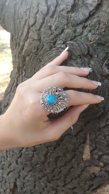 Ay Gümüş Kadın Firuze Özel  Tasarım Yüzük  925 Ayar Gümüş