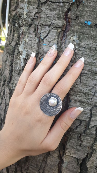 Ay Gümüş Kadın İnci Tasarım  Telkari Yüzük 925 Ayar Gümüş