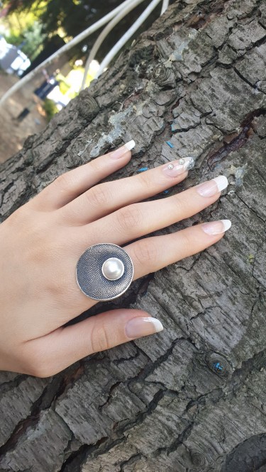 Ay Gümüş Kadın İnci Tasarım  Telkari Yüzük 925 Ayar Gümüş