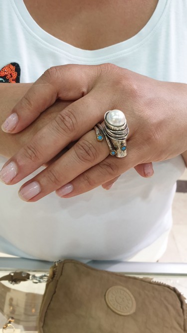  Ay Gümüş Kadın Ağır İşçilik Özel  Tasarım İnci Firuze Taşı  Yüzük 925 Ayar Gümüş