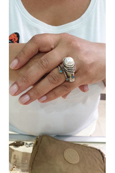  Ay Gümüş Kadın Ağır İşçilik Özel  Tasarım İnci Firuze Taşı  Yüzük 925 Ayar Gümüş