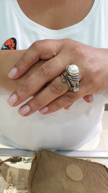  Ay Gümüş Kadın Ağır İşçilik Özel  Tasarım İnci Firuze Taşı  Yüzük 925 Ayar Gümüş