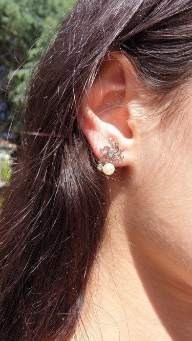 Ay Gümüş Kadın Sarmaşık Zirkon İnci Küpe 925 Ayar Gümüş