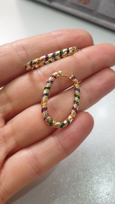 Ay Gümüş Kadın  Desenli Renkli Oval Halka Küpe 925 Ayar Gümüş