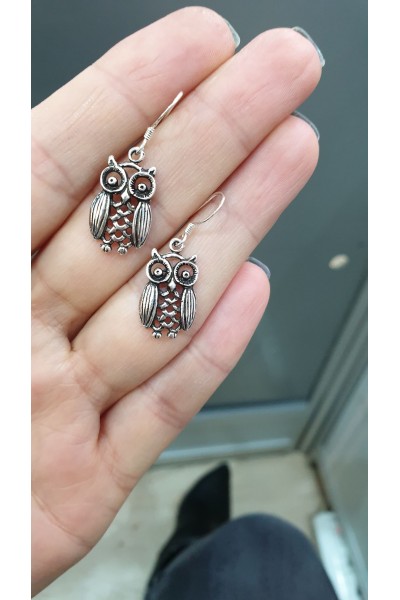 Ay Gümüş Kadın Baykuş Figürlü Tasarım Küpe 925 Ayar Gümüş