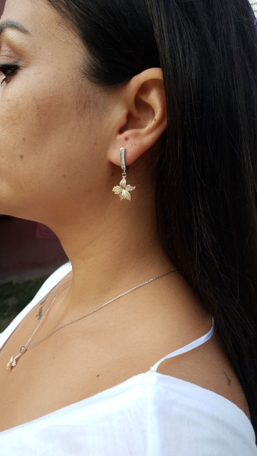 Ay Gümüş Kadın İtalyan Gold Çiçek Yaprak Modeli Küpe 925 Ayar Gümüş