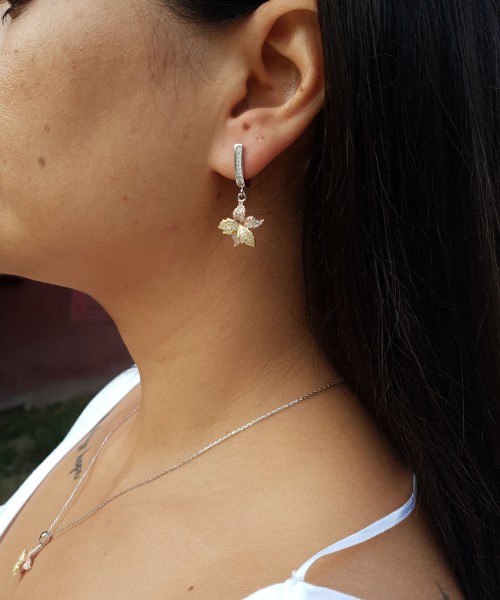 Ay Gümüş Kadın İtalyan Gold Çiçek Yaprak Modeli Küpe 925 Ayar Gümüş
