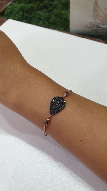 Ay Gümüş Kadın  Damla Siyah Zirkon  Kelepçe Bileklik 925 Ayar Gümüş