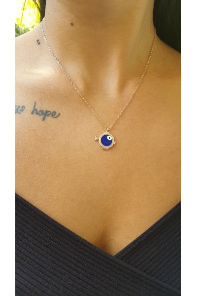 Ay Gümüş Kadın Balık Nazar Kolye 925 Ayar Gümüş