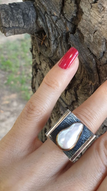 Ay Gümüş Kadın İnci  Barok Özel Tasarım Yüzük 925 Ayar Gümüş