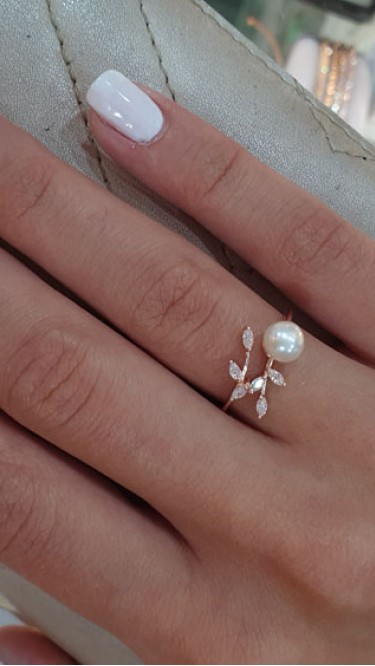 Ay Gümüş Kadın İnci Dal Zirkon yapraklı yüzük  925 ayar gümüş