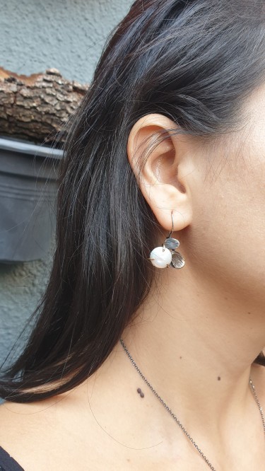 Ay Gümüş Kadın Yaprak Barok  İnci Tasarım 925 Ayar Gümüş