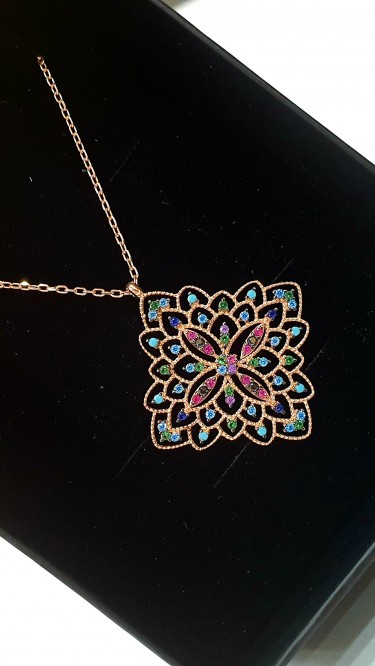 Ay Gümüş Kadın Renkli Yaşam Çiçeği Kolye 925 Ayar Gümüş