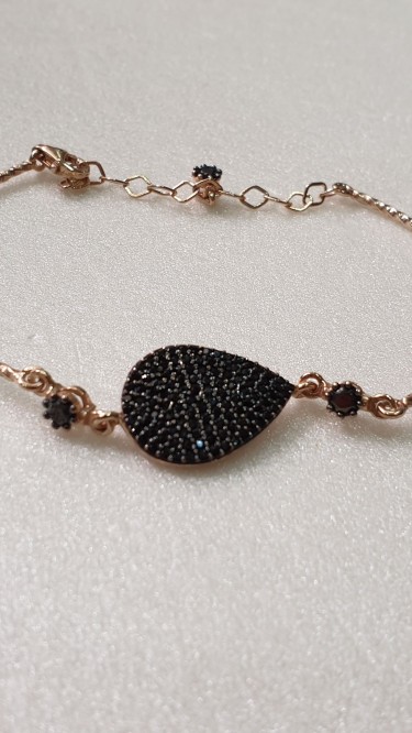 Ay Gümüş Kadın  Damla Siyah Zirkon  Kelepçe Bileklik 925 Ayar Gümüş