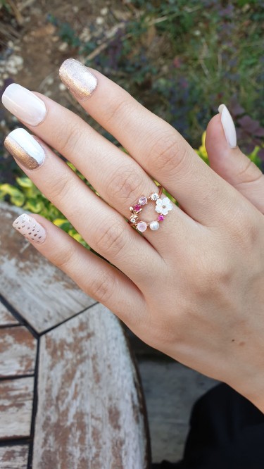 Ay Gümüş Kadın Manolya Çiçeği Renkli Zirkon Taşlı İnci Yüzük 925 Ayar Gümüş