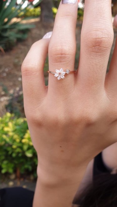 Ay Gümüş Kadın Sedefli Manolya Çiçeği Yüzük 925 Ayar Gümüş