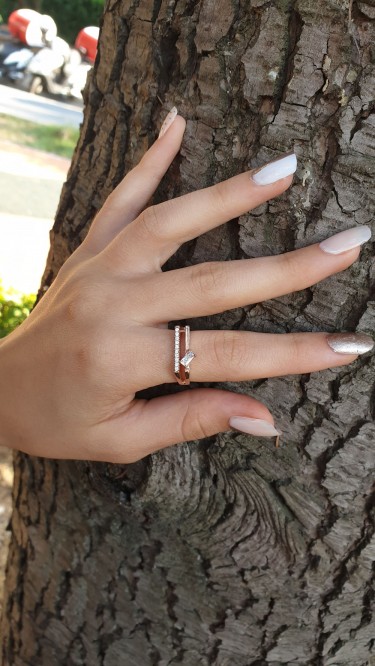 AY Gümüş Kare Zirkon Tektaş Baget Yüzük 925 Ayar Gümüş