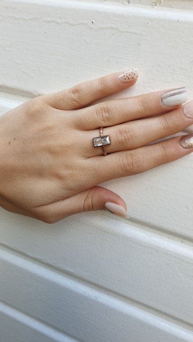 Ay Gümüş Kadın Kare  Elmas Taşılı Yüzük 925 Ayar Gümüş