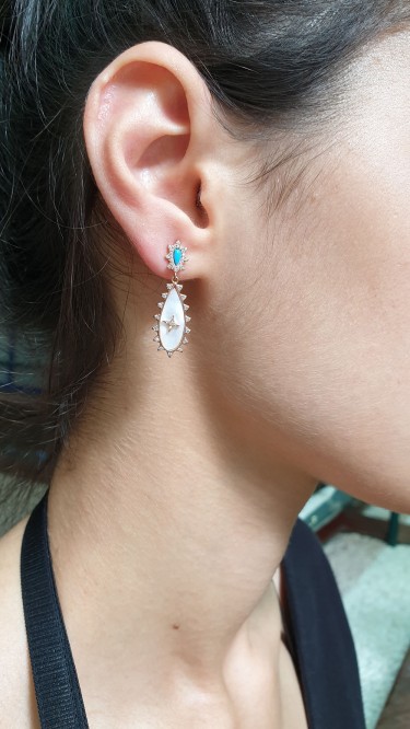 Ay Gümüş Kadın Sedefli Firuze Sallantılı Küpe 925 Ayar Gümüş