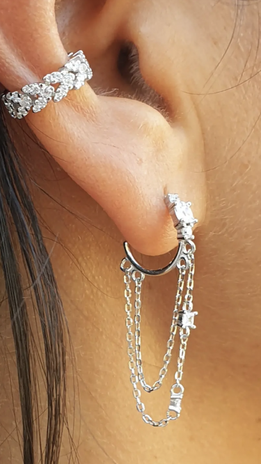 Ay Gümüş Kadın İthal Zincirli Zirkon Tek Halka Beyaz 925 Ayar Küpe Ay Gümüş Kadın İthal Zincirli Zirkon Tek Halka Beyaz 925 Ayar Küpe