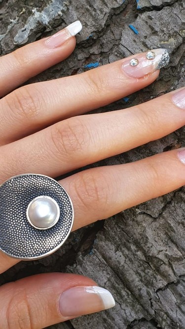 Ay Gümüş Kadın İnci Tasarım 925 Ayar Gümüş Yüzük