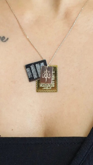 Ay Gümüş Kadın Gold Roze Beyaz Ayetel Kürsü Nazar Allah Yazısı Üçü Bir Arada 925 Ayar Gümüş Kolye 