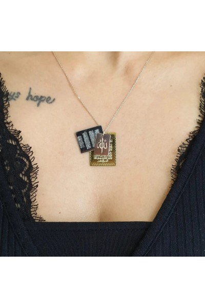 Ay Gümüş Kadın Gold Roze Beyaz Ayetel Kürsü Nazar Allah Yazısı Üçü Bir Arada 925 Ayar Gümüş Kolye 