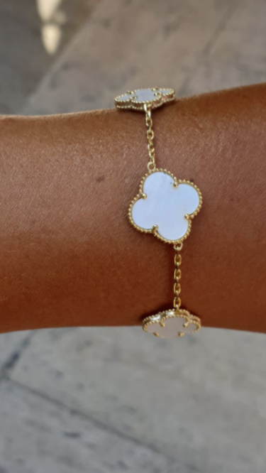 Ay Gümüş Kadın 925 Ayar Gümüş Gold Sedef Vankilif Yonca Bileklik  