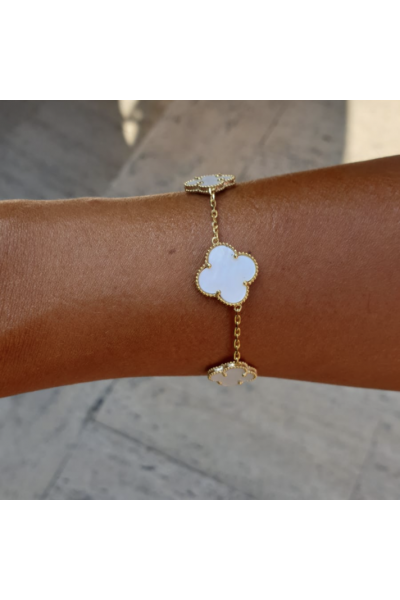 Ay Gümüş Kadın 925 Ayar Gümüş Gold Sedef Vankilif Yonca Bileklik  